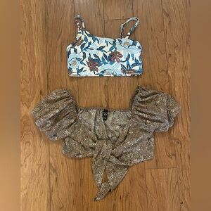 NWOT Windsor Tie Front Crop Top Size Small Brown + Old Navy Bikini Top Blue
